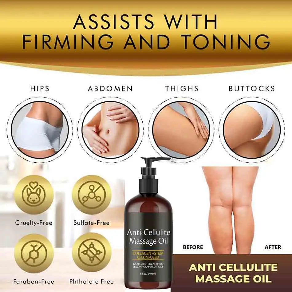 Velure Cellulite Massage Oil Infused with Collagen and Stem Cell Skin Tightening Moisturizing Body Essential Oil